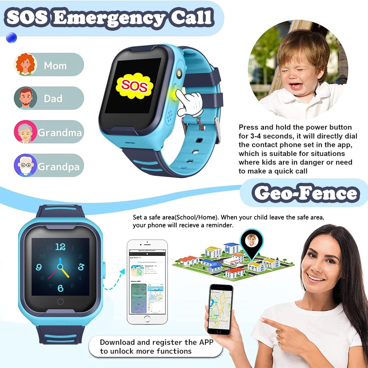 TEZILON Kids 4G GPS Smart Watch Real-Time Tracking Two-Way Phone Call GPS Tracker Waterproof Touchscreen Watch with Camera SOS Emergency Alarm Pedometer Tracker Watch Christmas Birthday 3-15 Present