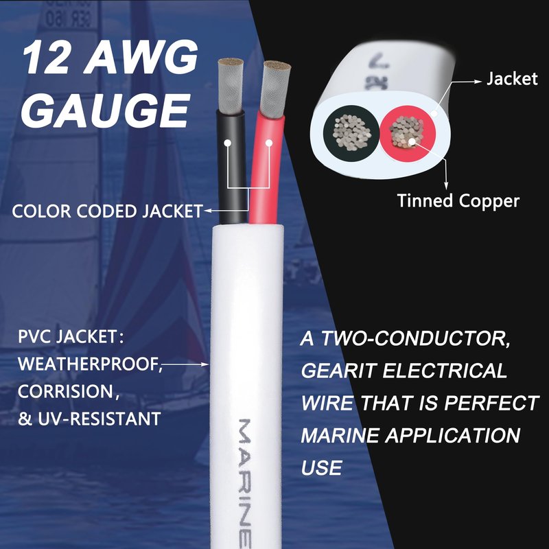 12 Gauge Duplex Marine Wire Tinned Copper Boat Cable, 100ft 12 AWG Standard USA OFC Oxygen Free Copper Wire for Outdoors/Automotive/Boat/Speakers/Solar/RV/Camper/Trailer
