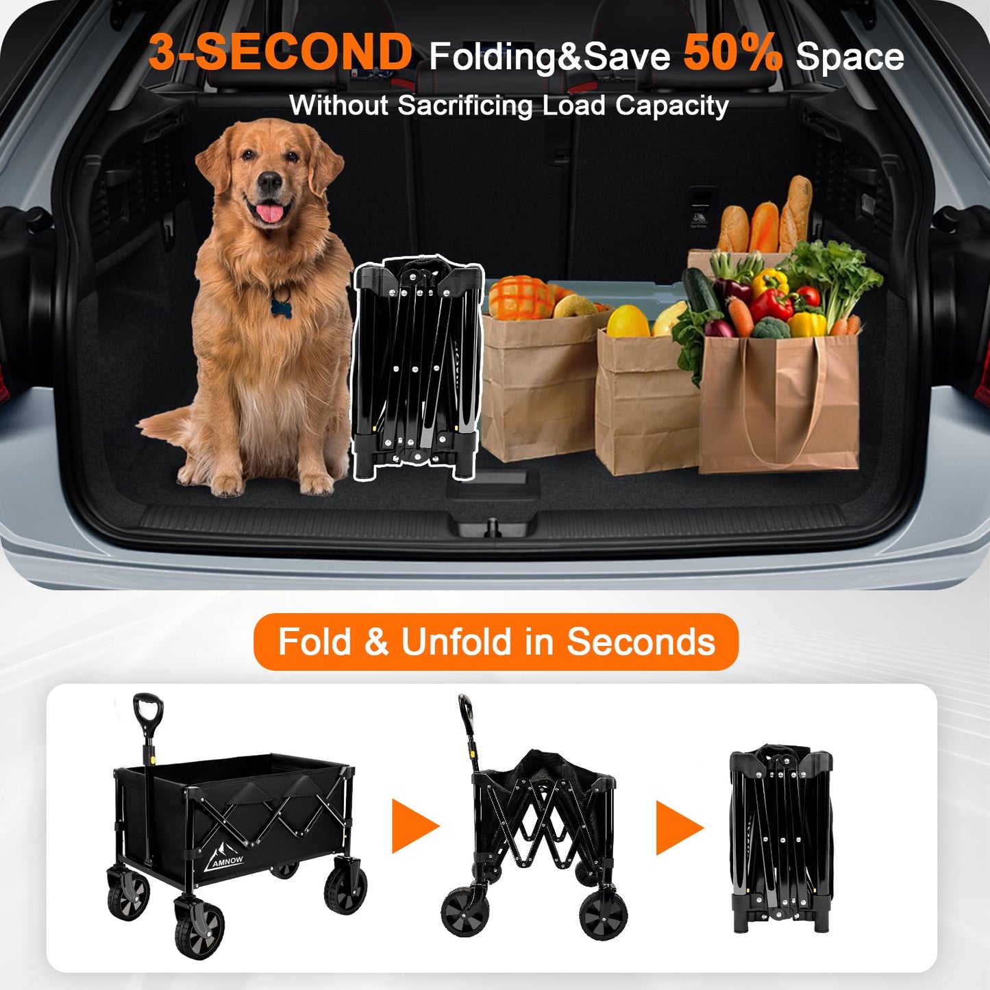 Collapsible Wagon Cart with Wheels Foldable, Folding Wagons Carts with Silent Universal Wheels, Large Grocery Cart On Wheels, Heavy Duty Utility for Shopping Beach Sports Fishing Camping, Black