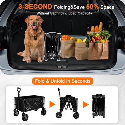 Collapsible Wagon Cart with Wheels Foldable, Folding Wagons Carts with Silent Universal Wheels, Large Grocery Cart On Wheels, Heavy Duty Utility for Shopping Beach Sports Fishing Camping, Black