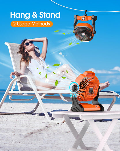 Rechargeable Solar Powered Fan,(30Hours Working) Solar Camping Fans & Led Lantern,8-inch Portable Fan with 7W Solar Panel, Battery Operated Powered Outdoor Tent Fans for Camping Essentials Accessories