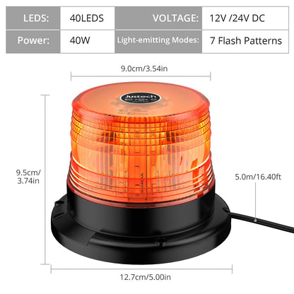 Justech 12/24V Flashing Beacon 40W 40 LED Emergency Warning Strobe Light Amber Strobe Lights 7 Flash Modes Waterproof with Magnetic Base for Truck Vehicle