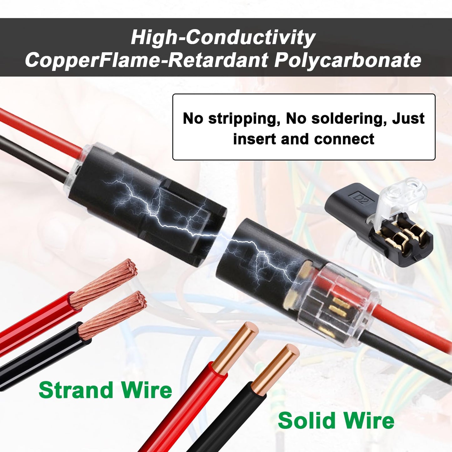Double Wire Lock-Grip Connector, 2 Pin LED Light Strip Connector with Locking Buckle - No Stripping or Cutting Required (20PCS)