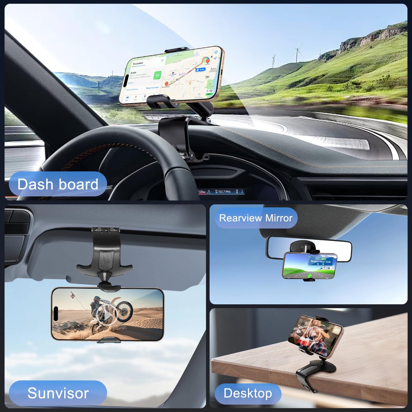 Car Phone Mount,360 Degree Rotation Dashboard Car Phone Holder, Multifunctional car Dash Board Mobile Phone Holder,Universal Dash Clip Cellphone Mount Cell Phone Holder Clip for 4-7 inch Smartphones