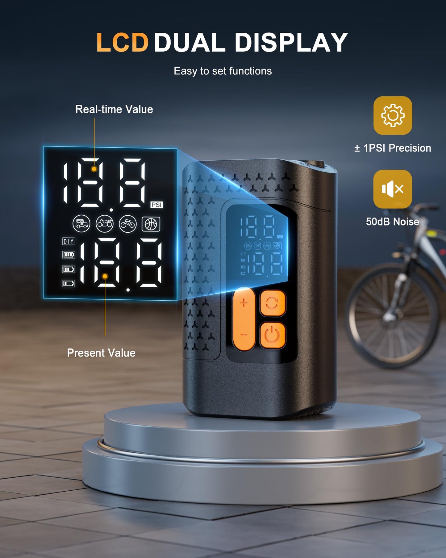 Electric Bike Pump, 160PSI Mini Bike Tire Pump, 4X Fast Bicycle Pump with Digital Pressure Gauge, Bike Air Pump with Presta and Schrader Valve for Mountain Bike, Moto, Road Bike, Car and Balls