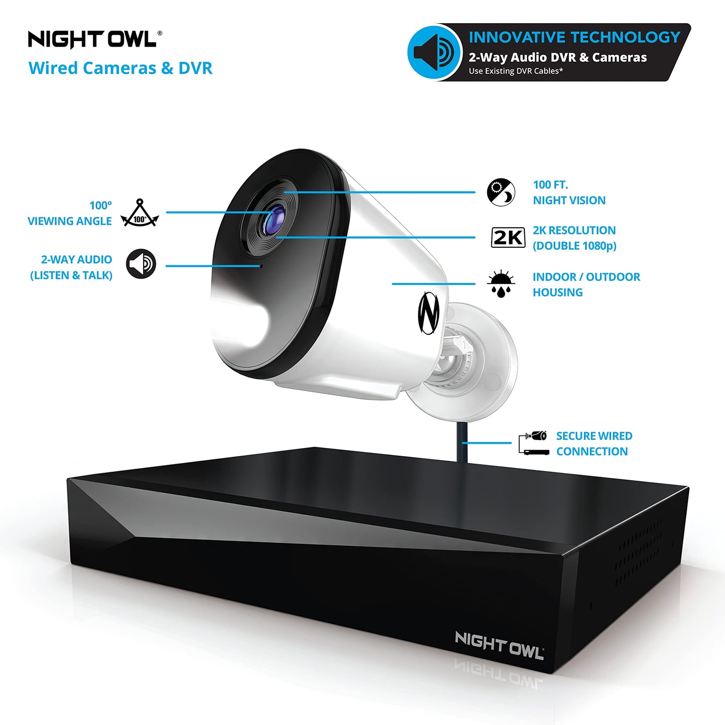 Night Owl 2-Way Audio 12 Channel DVR Video Home Security Camera System with (4) Wired 2K HD Indoor/Outdoor Deterrence Cameras and 2TB Hard Drive (Add up to 4 More Wired and 4 Wi-Fi Cameras) (4 Camera)