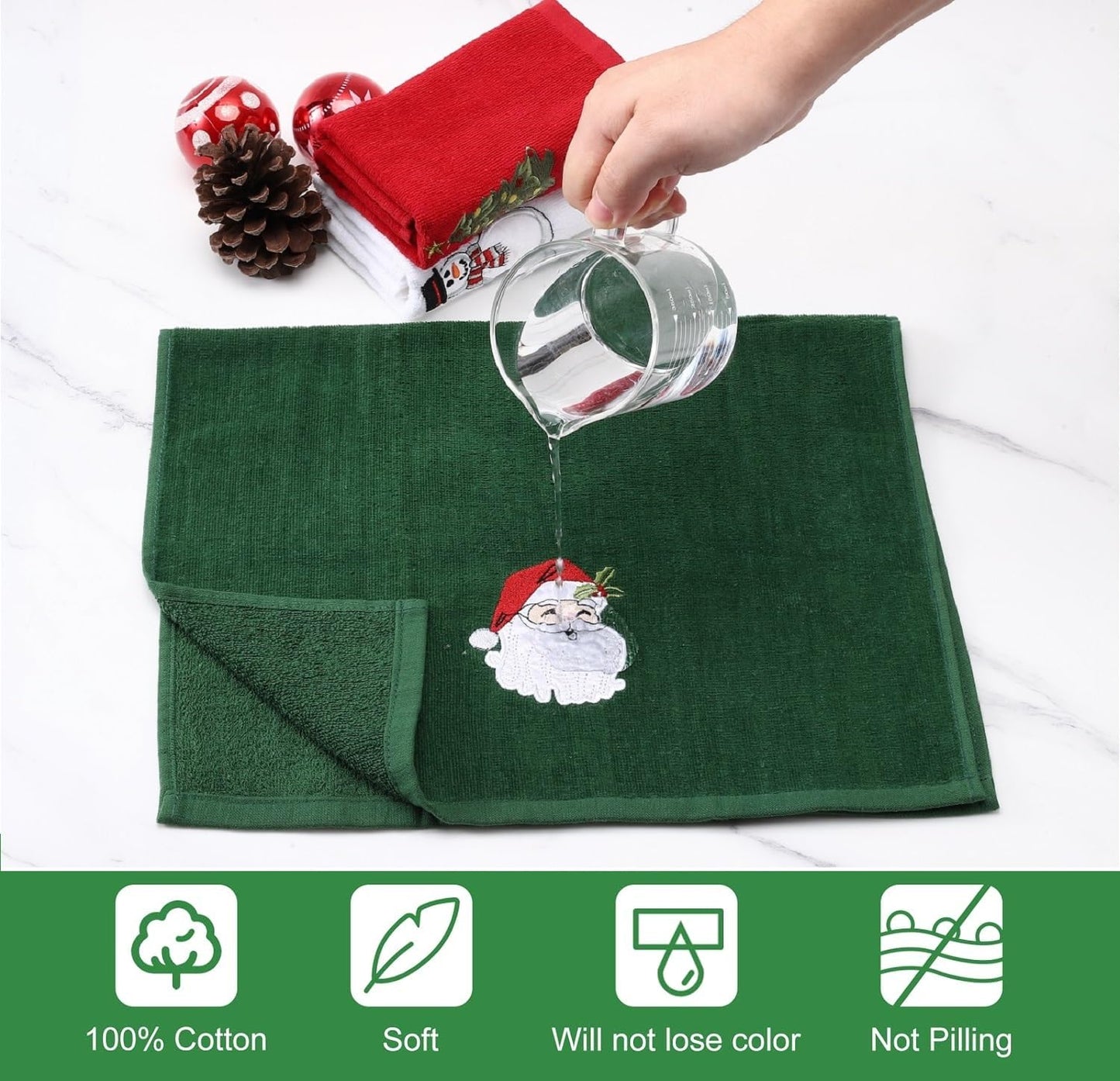 us beipin Christmas Hand Towels - Set of 3 Kitchen and Bathroom Towels - Cotton, 18x25 Inches - Embroidered Holiday Design - Decorative Dish Towels in 3 Colors（ Red, Green, White）