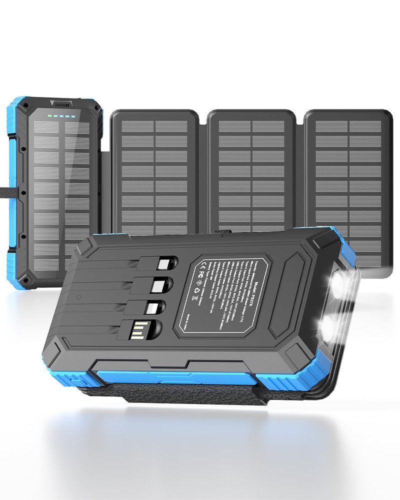 Kepswin Solar Charger Power Bank 49800mAh with 4 Built-in Cables & 3 Foldable Panels, PD22.5W Fast Portable Phone Charger, External Battery Pack with USB-C in/Output & Flashlight for Outdoor Camping