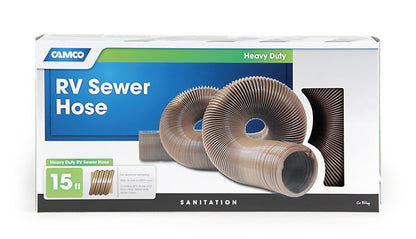Camco Durable High Tensile Strength Vinyl Sewer Hose with Steel Wire Core – 15’ Hose with 15 mils of HTS Vinyl, Great for Year Round RVing Compresses to 26” for Simple and Easy Storage, Brown (39661)