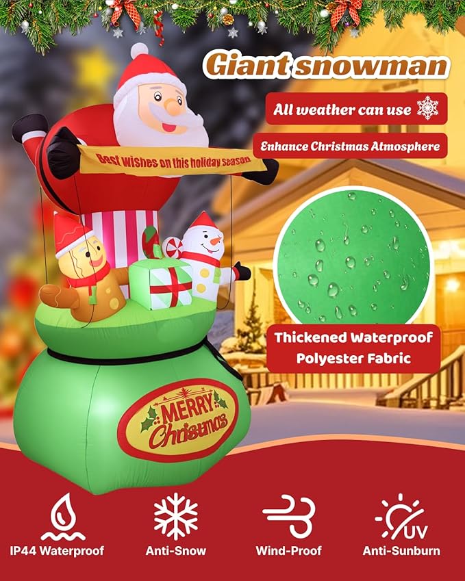 9FT Christmas Inflatables Outdoor Decorations,Blow Up Yard Decorations Santa Claus Snowman Gingerbread Man and Gift Bag,Built-in LED Lights for Garden Lawn Xmas Decor