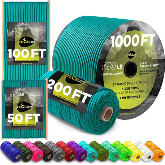TECEUM Paracord Type III 550 Green Wave – 200 ft – 4mm – Tactical Rope MIL-SPEC – Outdoor para Cord –Camping Hiking Fishing Gear and Equipment – EDC Parachute Cord – Strong Survival Rope 460