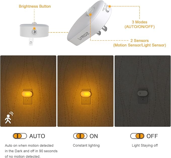 Lyridz Amber Night Light with Motion Sensor, Plug in LED Nightlights, 120LM Stepless Adjustable Brightness Ideal for Bathroom, Bedroom, Hallway, Stairs, Kids' Room, Nursery, Pet House, 2 Pack