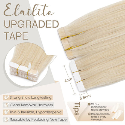 Elailite Tape in Hair Extensions Human Hair 40 pcs 100g Full Head - Seamless Invisible Skin Weft Real Remy Hair Straight (#60 Platinum Blonde, 16 Inch)