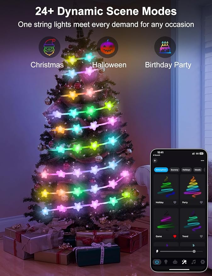 Smart Star Fairy Lights Plug in, 33Ft 16 Million Color Changing String Lights RGB Built in Chip APP & Remote Control DIY Music Sync Twinkle Light for Bedroom Christmas Decoration