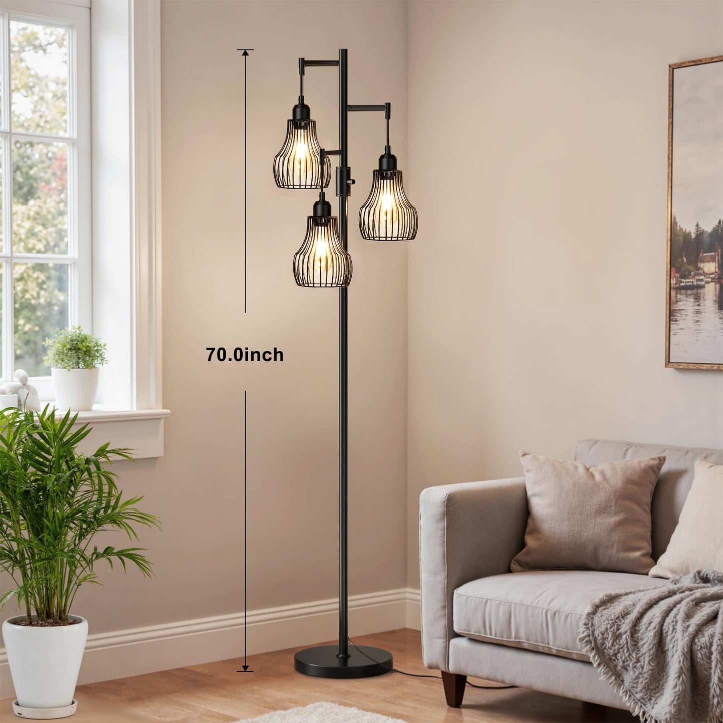 Dimmable Floor Lamp, 3 x 800LM LED Edison Bulbs Included, Farmhouse Industrial Floor Lamp Standing Tree Lamp with Elegant Cage Tall Lamps for Living Room Bedroom Office - Black