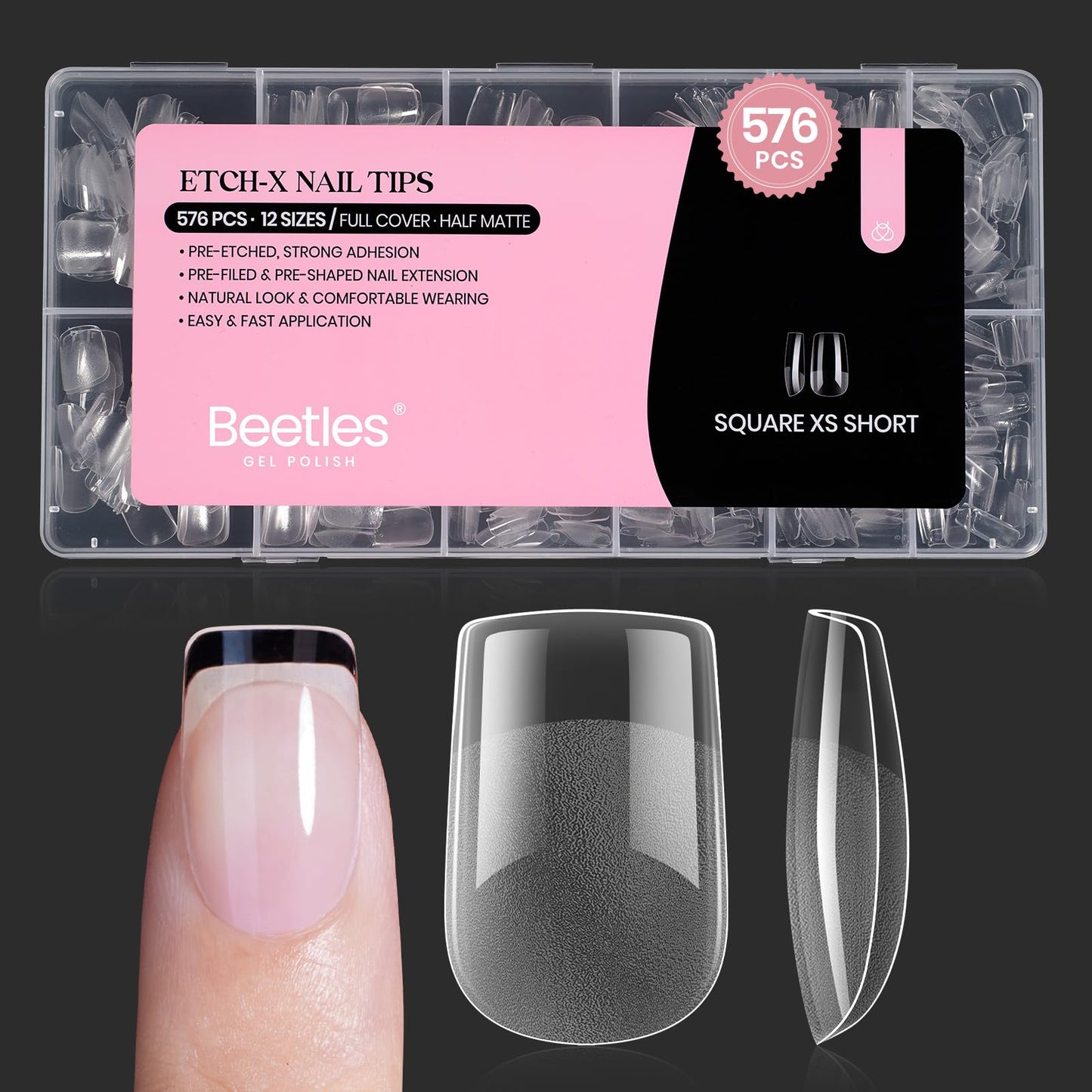 Beetles Gel Nail Kit Short Almond with Nail Dehydrator and Primer, 576Pcs Half Matte Etch-X Gel Nail Tips Solid Nail Glue Mini Nail Lamp Acrylic Nail Tips Easy DIY Nail Extension Set Gift for Women