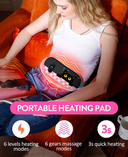 Portable Heating Pad for Period Cramps: Cordless Menstrual Heating Pad with 6 Heat Levels and 6 Massage Modes, 3s Fast Heating Gift for Women and Girl(Pink)