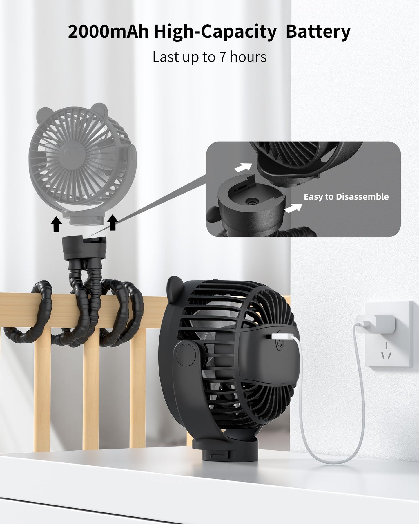 GOTOTO Baby Stroller Fan, Rechargeable Portable Fan with 2000 mAh Battery Operated,3 Wind Speed,360-Degree Rotation,Ultra-Low Noise Level,Safe mini fan for your baby