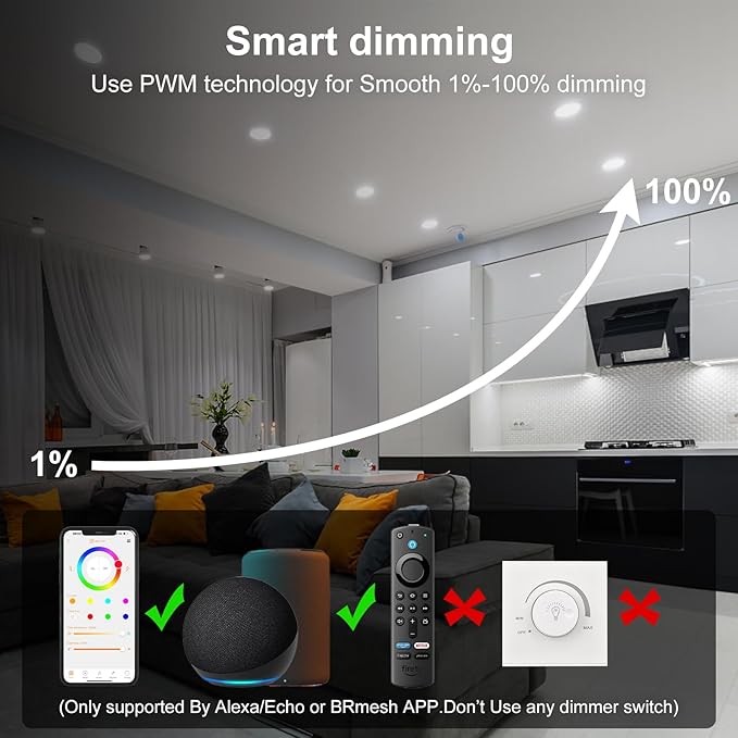 Smart Recessed Lighting 4 Inch RGBCW Color Changing 12W LED Recessed Ceiling Lights with Junction Box,1080LM Canless Downlight Compatible with Alexa,Dimmable by Bluetooth Control (6 Pack)