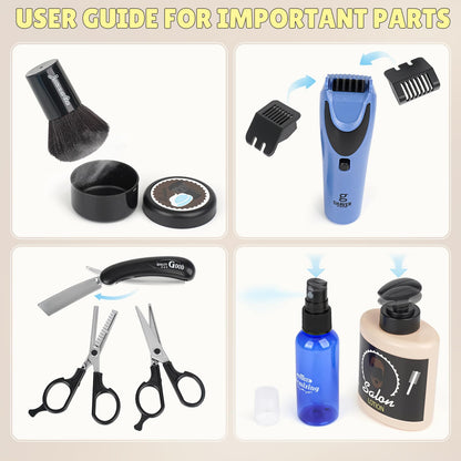 Barber Shop Pretend Play Toy, Kids Hair Salon Toys, Kids Shaving Kit for Boys Ages 3+ with Blow Dryer, Electric Shaver Toys, Tool Bag and Stylist Shave Barber Accessories for Role Play (Black)