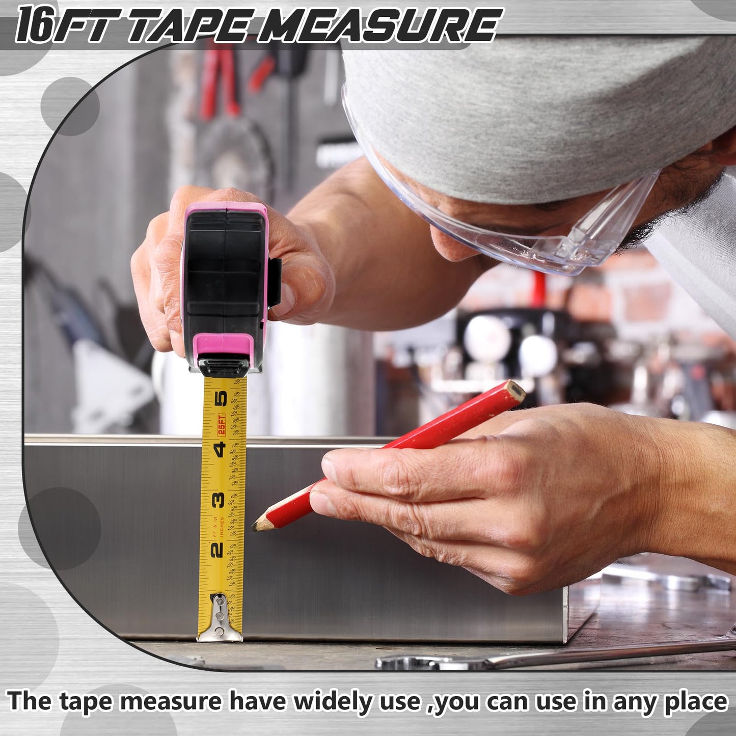 Hoteam 2 Pcs Pink Tape Measure Retractable with 1/8 Fractions Lightweight Pink Measuring Tape Accuracy 1/32 with Magnetic Hook Lock Button Easy to Read Measurement Tools(16 ft)