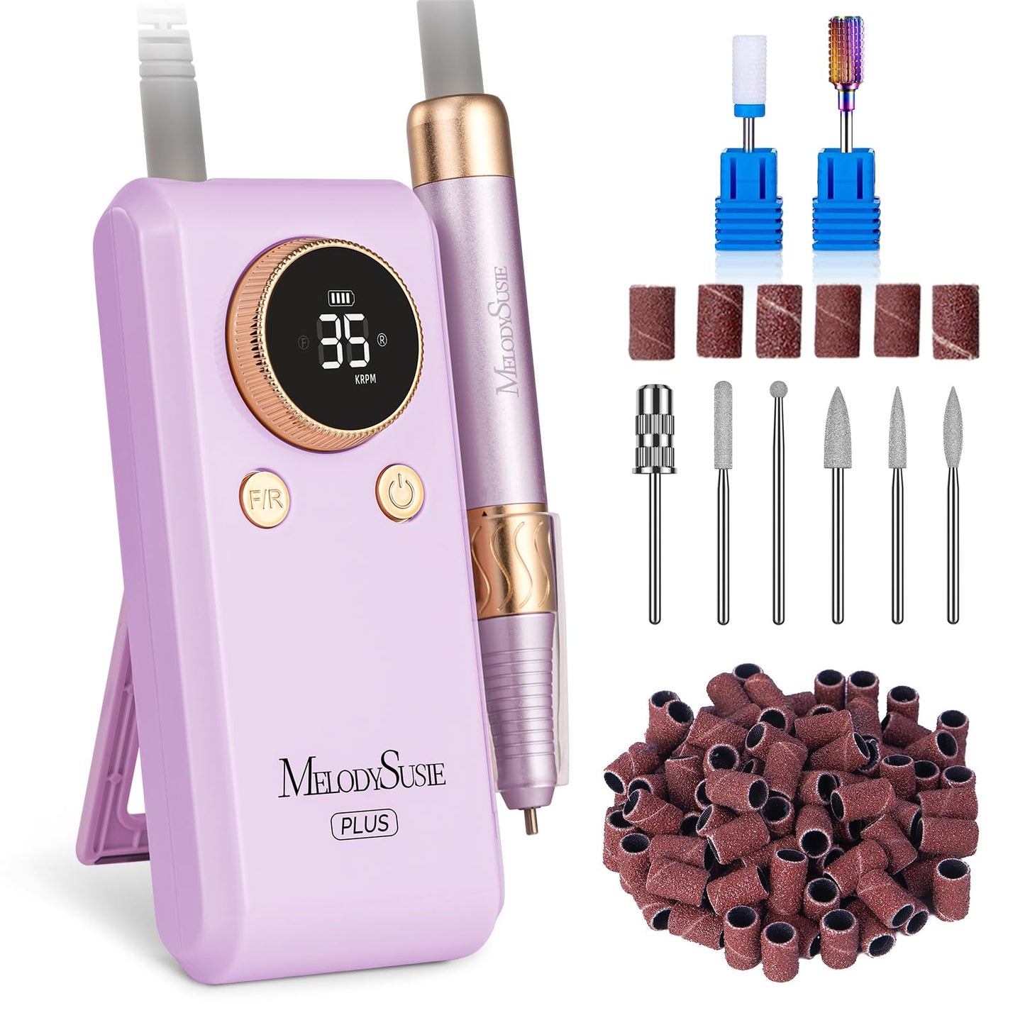 MelodySusie 2 in 1 Professional Nail Drill, 30000 RPM SC330G Electric Nail File with Kickstand for Gel Nails Polishing Removing, Portable Cordless Nail Efile for Manicure Pedicure at Home & Salon,Gold