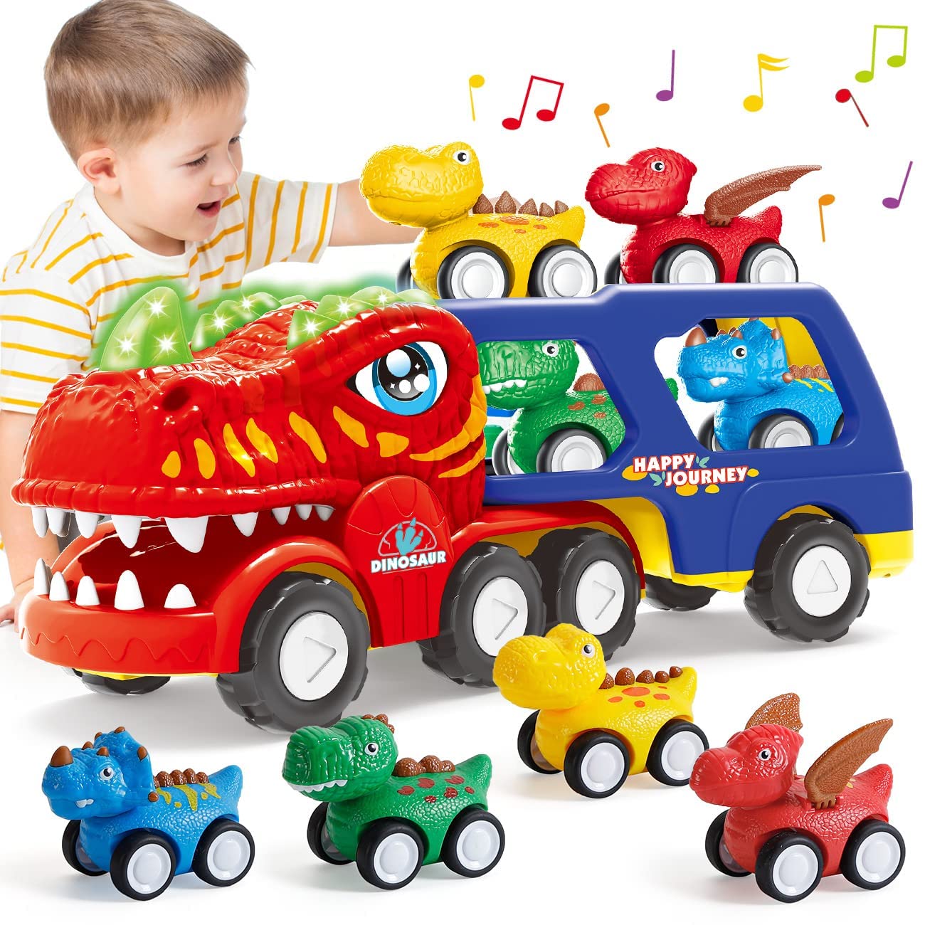 INSTOY Toddler Truck Toys for 2 3 4 5 Year Old Boys Gifts, 5-Pieces Dinosaur Car Toys for Boys Age 2 3 4 5 6, Monster Truck Toy for Kids 2-4, Pull Back Cars for Toddlers Girls Age 2-5 Birthday Gifts