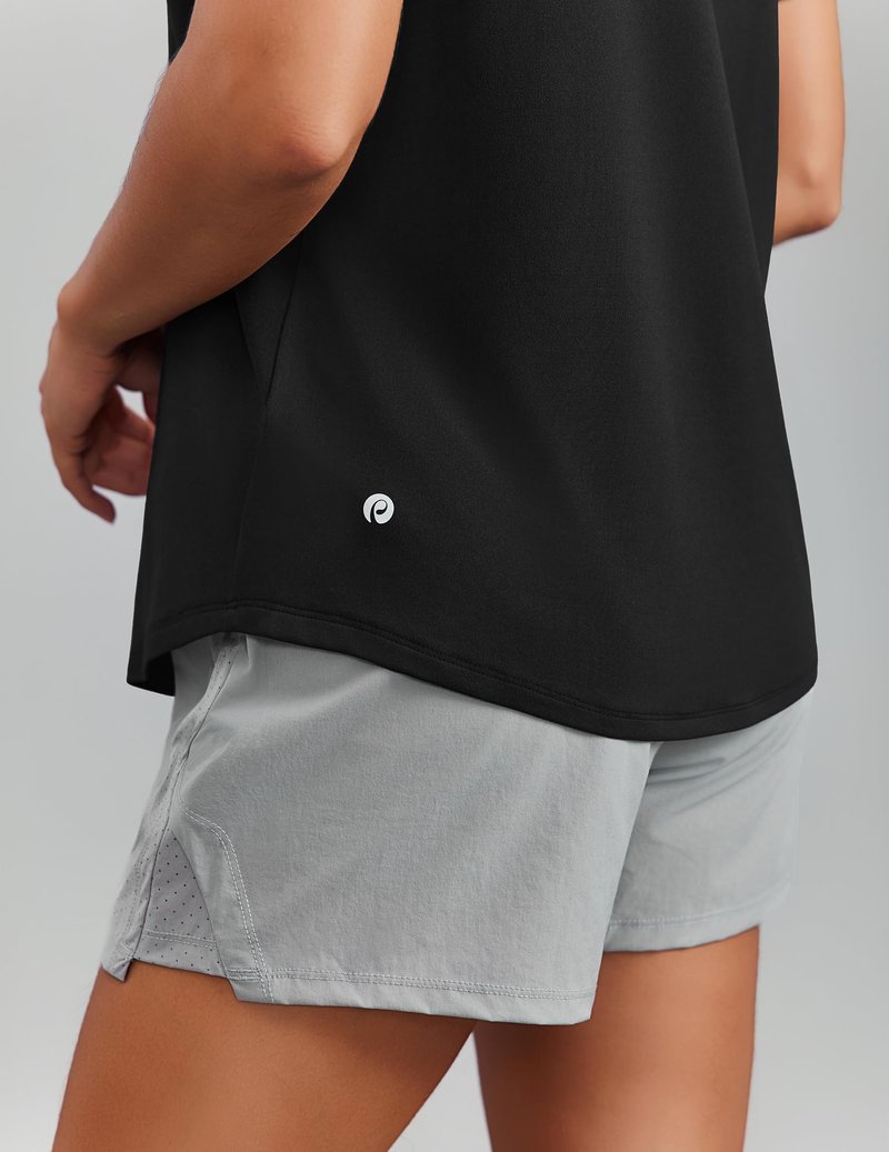 PINSPARK Workout Tops for Women Short Sleeve V Neck Moisture Wicking Gym Shirts Quick Dry Athletic T-Shirts for Running Hiking,Black XX-Large