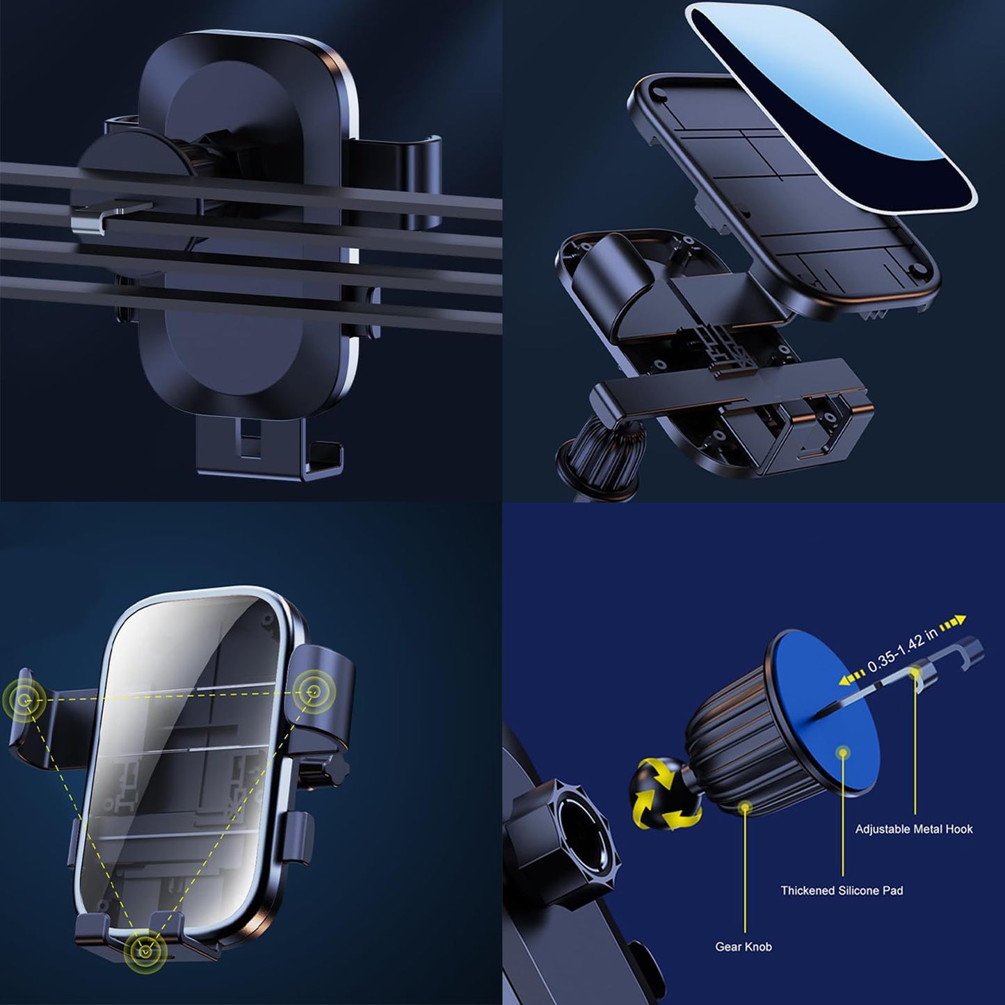 Car Cell Phone Holder with Metal Hook Clip, 360 Degree Rotating Air Vent Navigation Mount, Universal Base (Black and Silver)