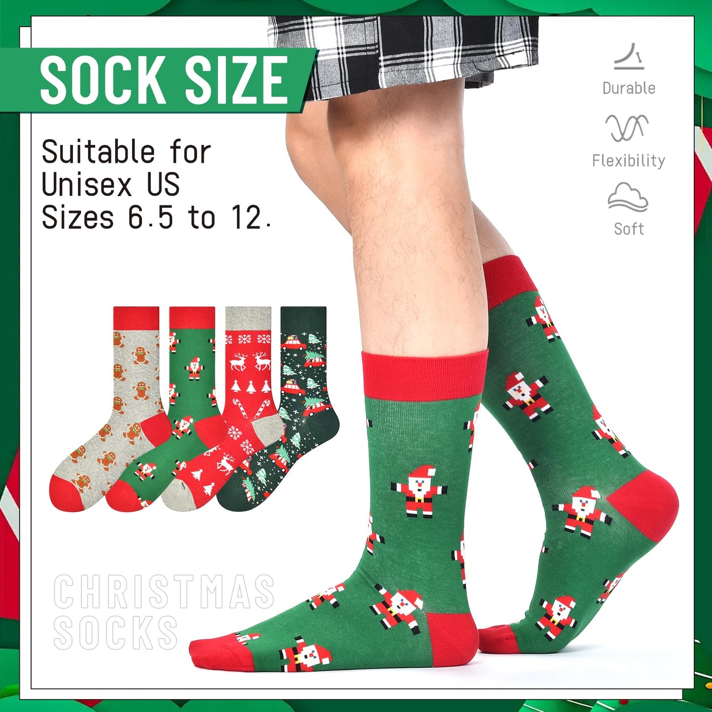HSELL Mens Fun Patterned Dress Socks Funny Novelty Crazy Design Cotton Socks Gift for Men (4 Pairs - Christmas)