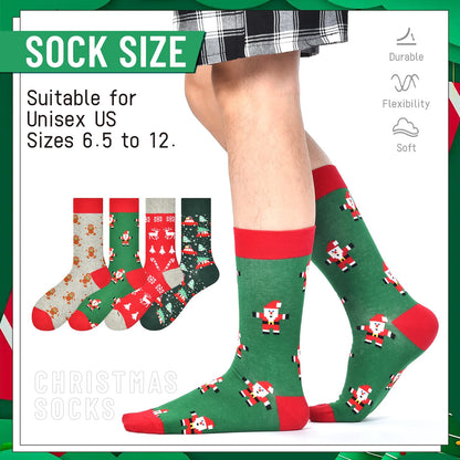 HSELL Mens Fun Patterned Dress Socks Funny Novelty Crazy Design Cotton Socks Gift for Men (4 Pairs - Christmas)