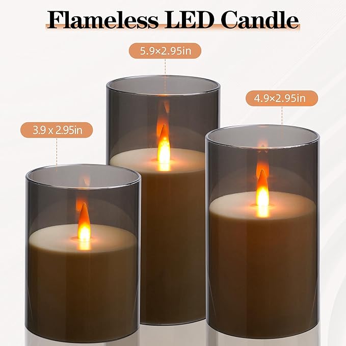 Upinmz Grey Acrylic Flameless Candles with Remote Control and Timers，Battery Operated Candles，LED Pillar Candles with Dancing Flame ，for Home Decorations ，Set of 3