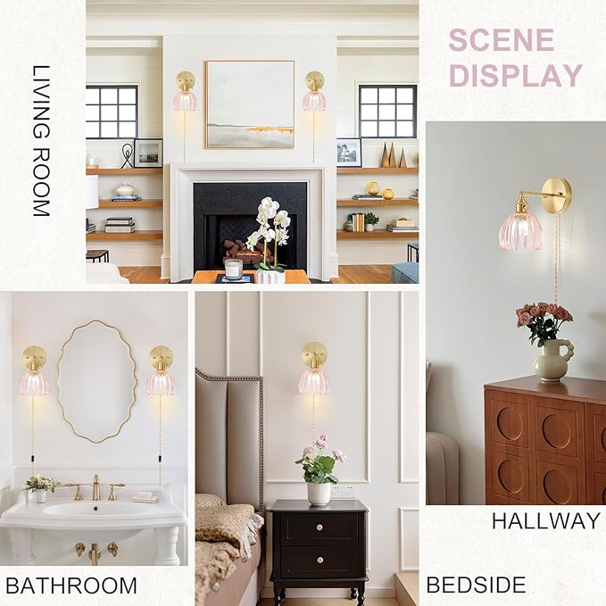 Plug in Wall Sconce, Vintage Sconce Light with Tulip Pink Glass Lampshade, 180° Adjustable Wall Sconce with Switch and Plug in Wall Lamp Cord, Gold Wall Light for Bedroom Bedside