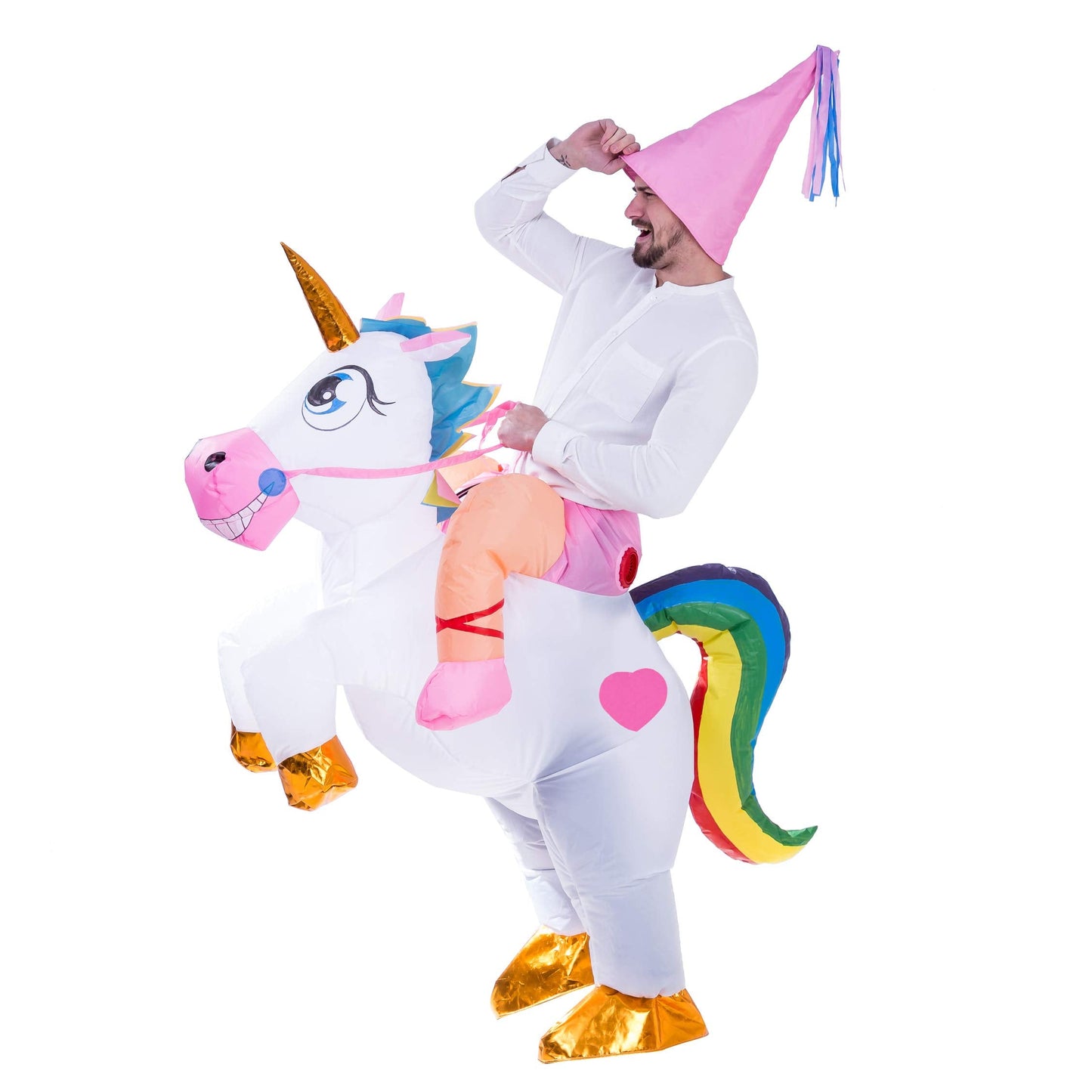 Spooktacular Creations Inflatable Costume Adult, Riding a Unicorn Blow-up Deluxe Halloween Costume with Hat for Halloween Dress Up Parties, White, X-Large(71In)