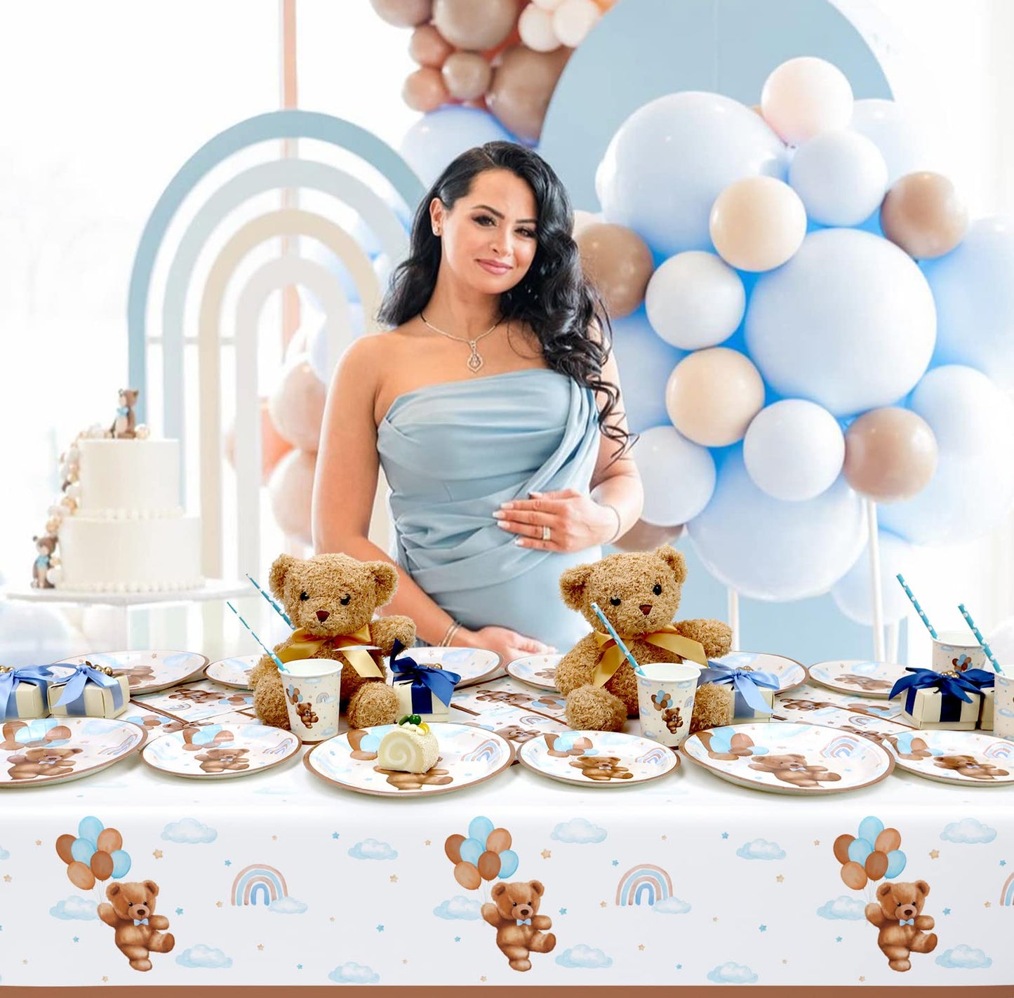 Caisehabu 3 Pieces Teddy Bear Baby Shower Tablecloths Plastic Table Cover, Boho Brown Blue Birthday Party Decorations Supplies for Boys Kids Large Size 108×54 Inch Rectangular