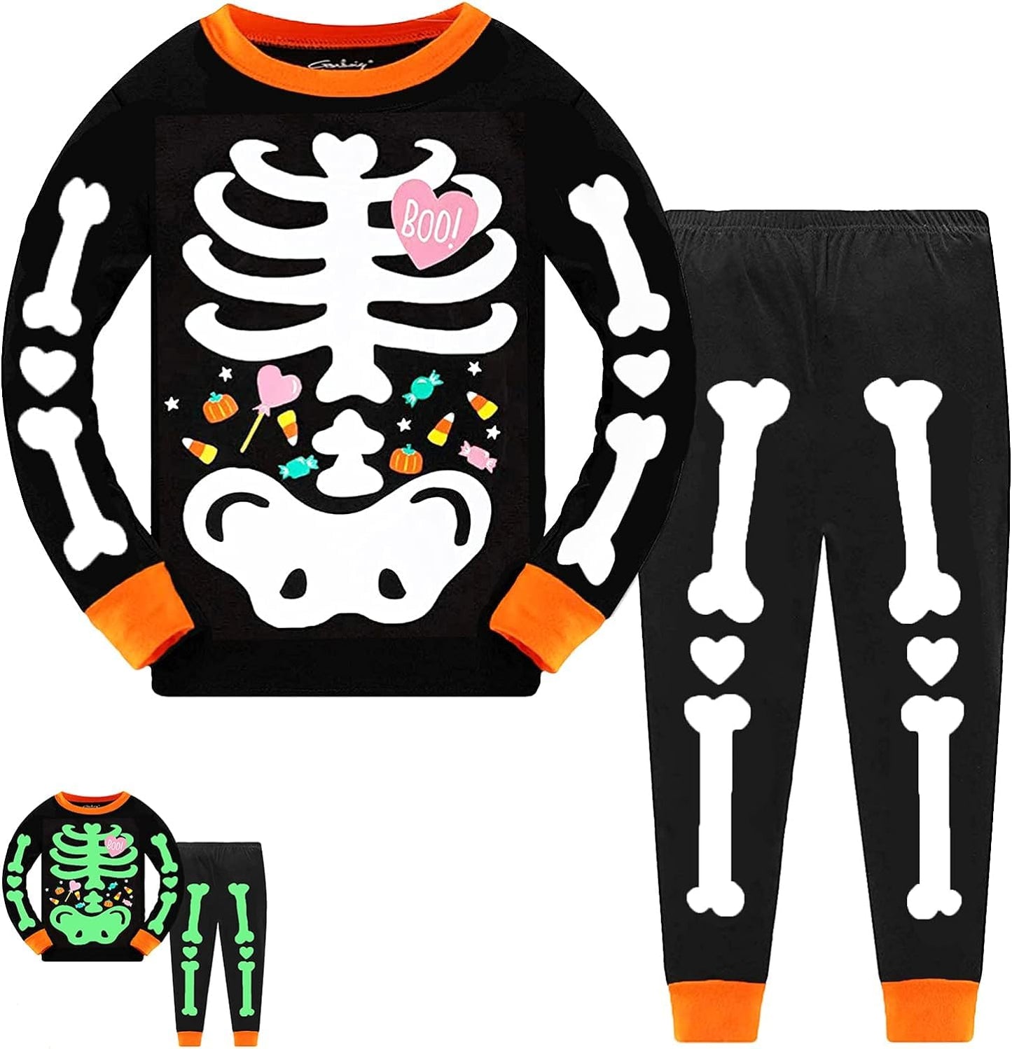 Tkria Kids Pajamas for Girls Skeleton Glow-in-The-Dark Cotton Sleepwear Toddler Clothes Halloween Outfit Size 1-12T