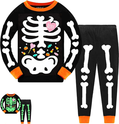 Tkria Kids Pajamas for Girls Skeleton Glow-in-The-Dark Cotton Sleepwear Toddler Clothes Halloween Outfit Size 1-12T