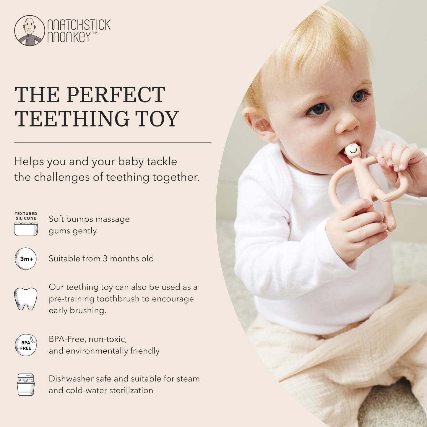 Matchstick Monkey, Original Teether & Gel Applicator, Antimicrobial Silicone Teething Toys for Baby, Easy to Grip, BPA Free, 3 Months Old+, 10.5 cm, Dusty Pink Monkey