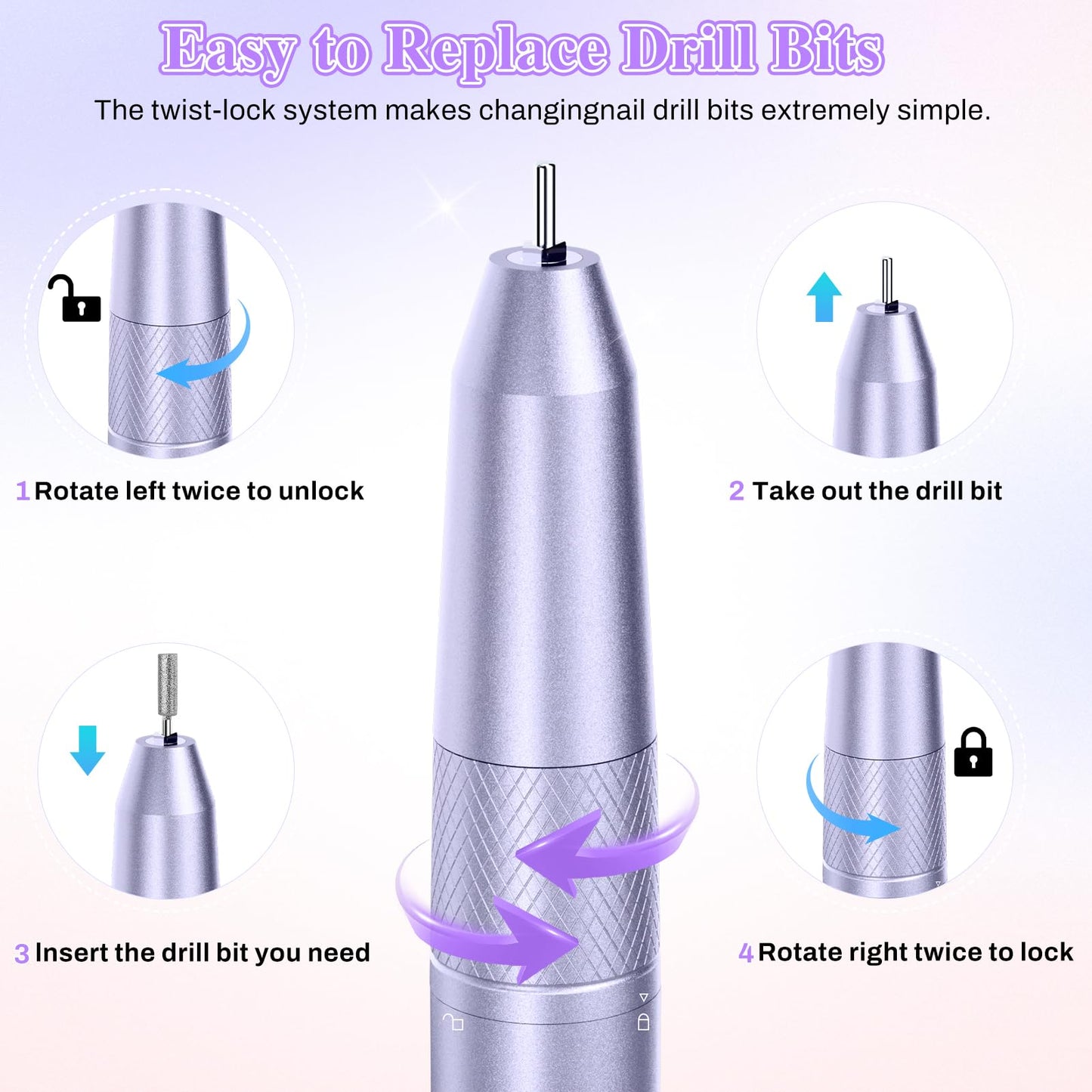 Electric Nail Drill Professional, 50000RPM Electric Nail File Portable Nail Drill Kit 6000mAh Rechargeable Machine for Acrylic Gel Nail, Manicure Pedicure Polishing Nail for Salon Home Purple