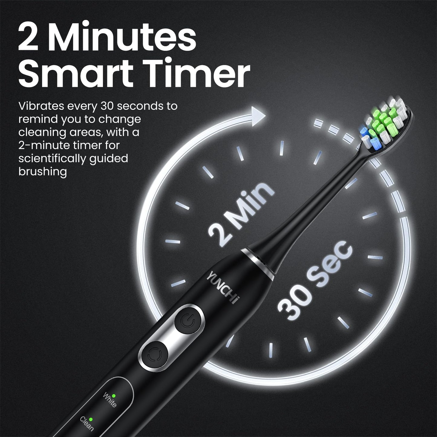 YUNCHI C3 Electric Toothbrushes for Adults,8 Brush Heads and Travel Case,Sonic Toothbrush with 5 Modes and 2 Mins Smart Timer, Black