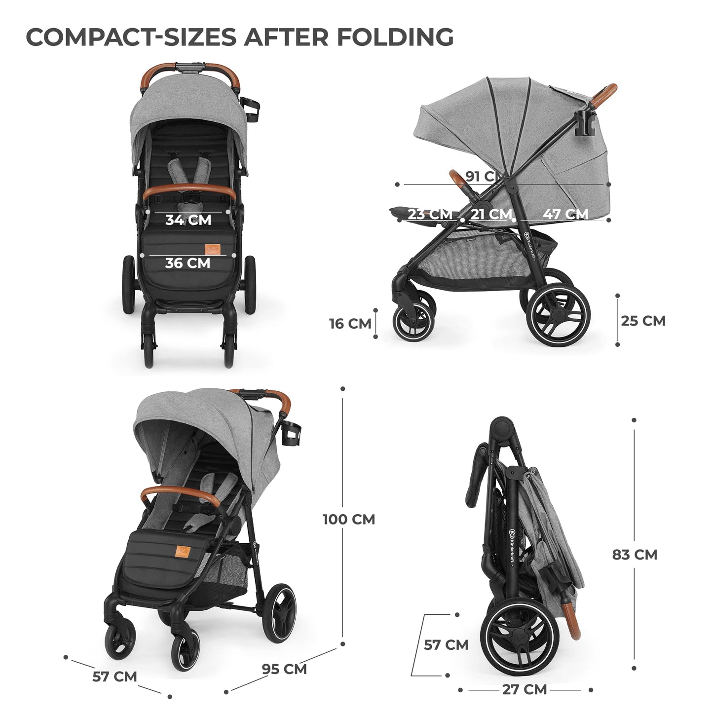 Kinderkraft GRANDE PLUS Stroller pushchair for toddlers from Birth to 22 kg, Extra-large hood, Lie-flat position, Folding with one hand, Shock absorption on all wheels, Gray