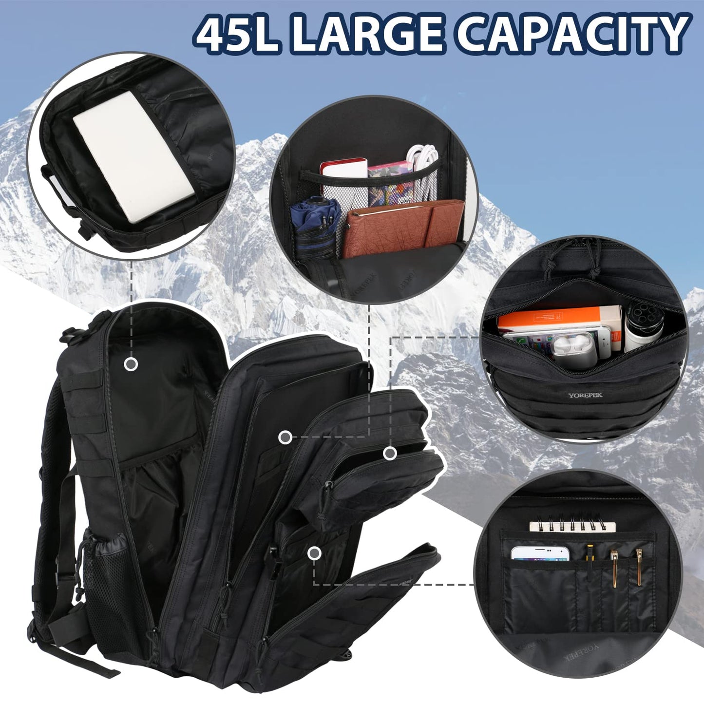 YOREPEK Military Tactical Travel Backpack, 45L Army Rucksack with Molle Large Capacity Survival Back pack Assault Pack 3 Day Bug Out Bag for Outdoor Sports Hiking Camping Mountaineering Trekking