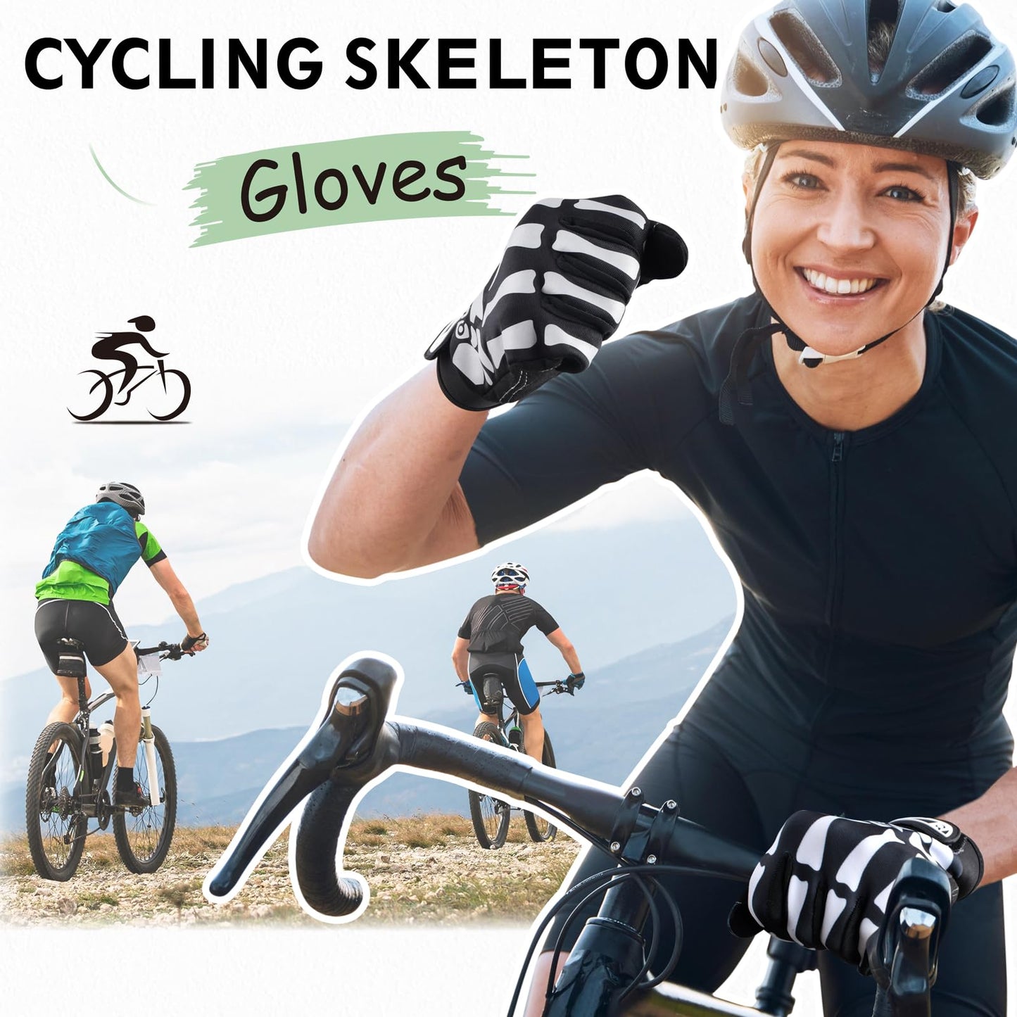 TRIWONDER Skeleton Gloves Cycling Gloves Skull Gloves for Men Women Kids for Bike Bicycle Motorcycles Sports Workout Riding Halloween Breathable Shock-Absorbing (Black - Full Finger, L)