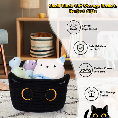 Hkojewp Small Storage Basket, Black Cat Cotton Rope Baskets Woven Blasket for Nursery, Blanket Basket Baby Toy Storage Organizer With Ears for Gifts Cat Dog Bin Toys 8.5×4.5 inches