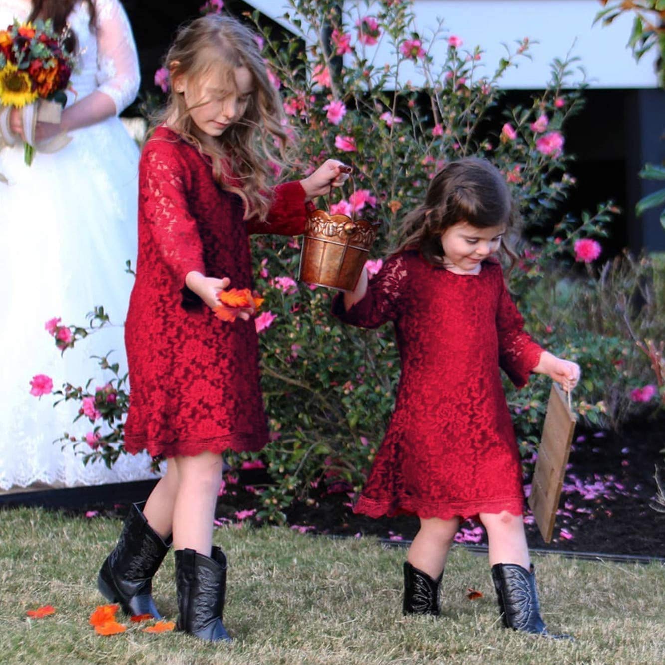 Flower Girl Dress, Lace Dress 3/4 Sleeve Dress (Red, 8-9 Years)