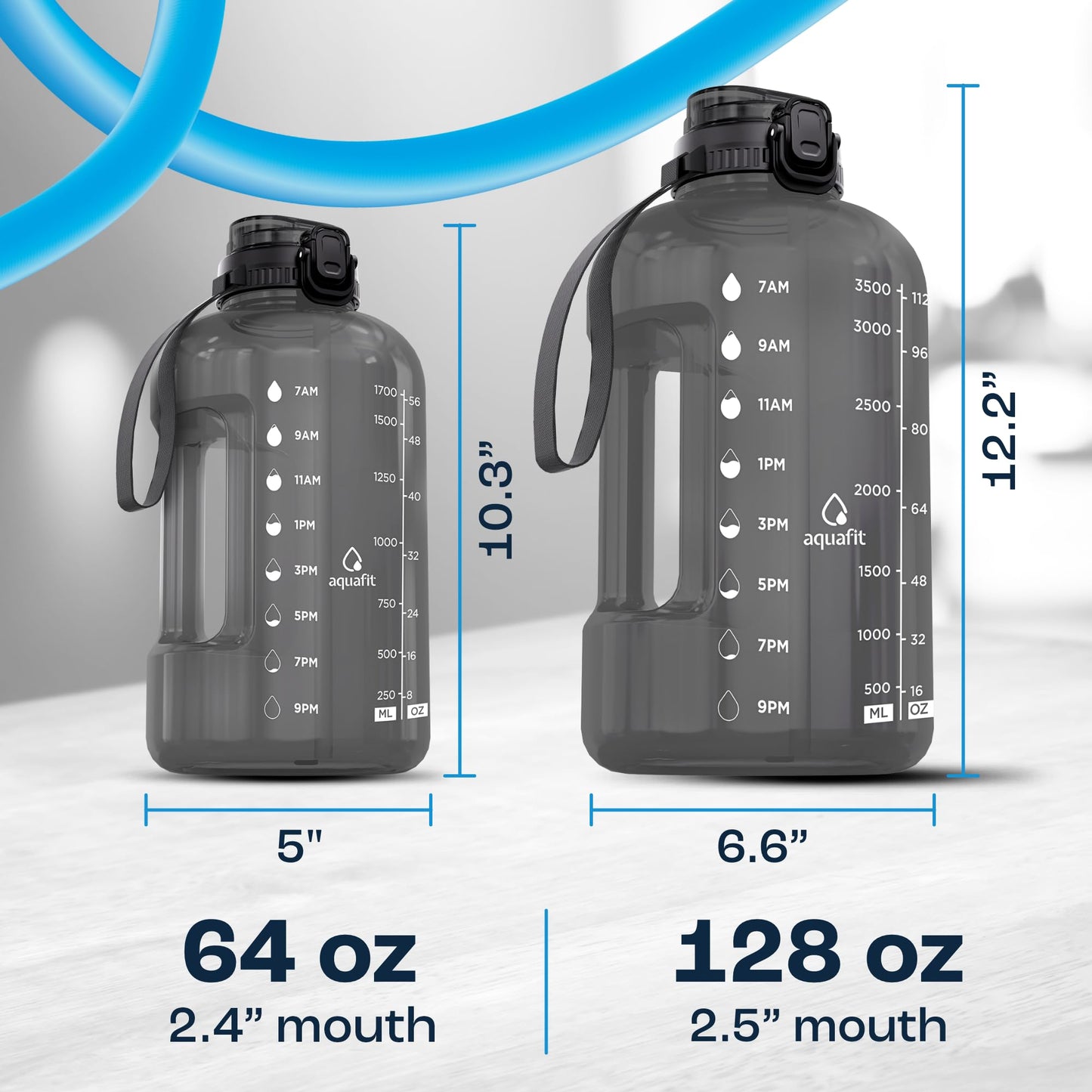 AQUAFIT 64 oz Water Bottle with Time Marker, Half Gallon Gym Bottle with Straw, Handle & 2-in-1 Lid