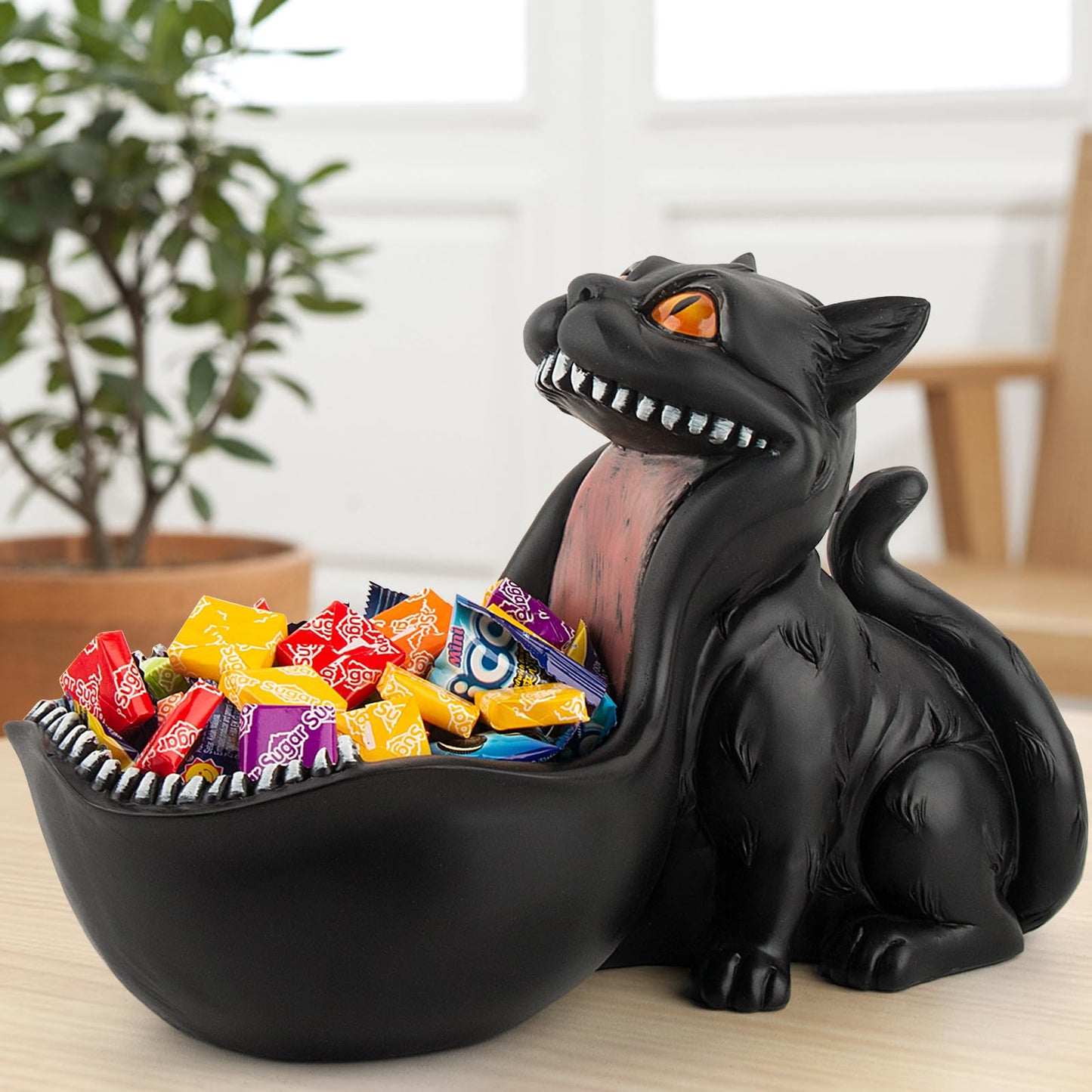 Cat Candy Bowl Gothic Decor Black Cat Statue Decorative Bowl Large Candy Dish for Office Desk Cute Key Bowl for Entryway Table Big Mouth Cat Gifts