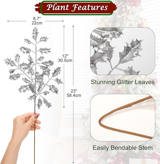 DILATATA 6Pcs Christmas Glitter Leaves Holly Leaves 23" Artificial Silver Holly Leaf Picks Sprays Giltter Stems for Christmas Tree DIY Xmas Wreath Garland Home Decor - Silver