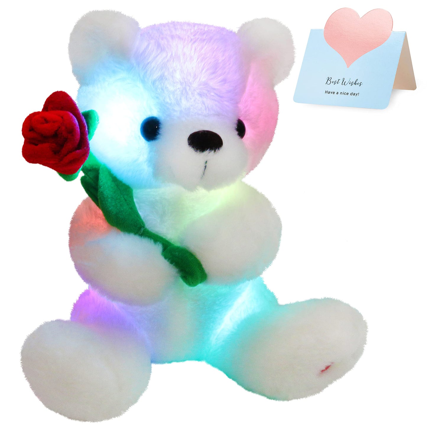 Houwsbaby Glow Teddy Bear with Rose White Bear Stuffed Animal Soft Light Up Plush Toy LED Night Lights Birthday Christmas for Kids Toddler Girlfriend,White,10.5''