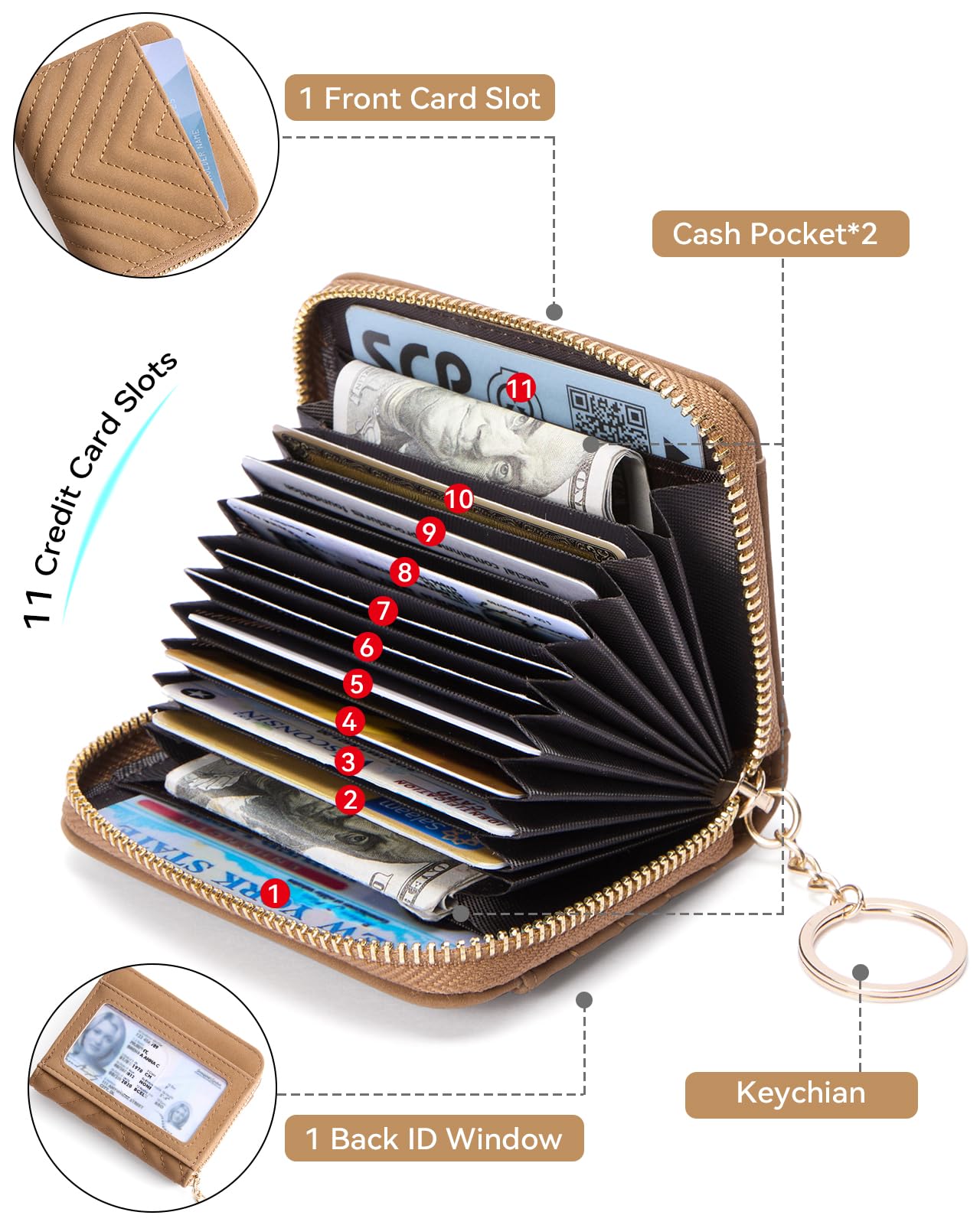 BOSTANTEN Credit Card Holder Wallet RFID Blocking Leather Small Wallet for Women Zipper Keychain Wallet with Wristlet Suede Brown